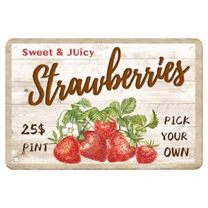 anjooy sweet juicy strawberries pick your own - tin sign vintage metal funny wall art decorations for kitchen home fruit market farm restaurants dessert shop farmhouses(8"x12")