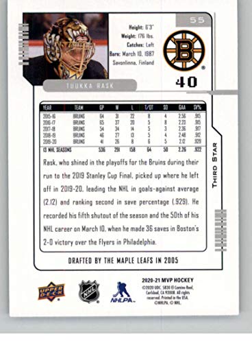 2020-21 Upper Deck MVP 20th Anniversary Third Star #55 Tuukka Rask Boston Bruins NHL Hockey Trading Card