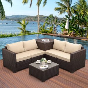patio pe wicker furniture set 4 pieces outdoor brown rattan clearance sectional conversation sofa chair with storage box table and red cushions
