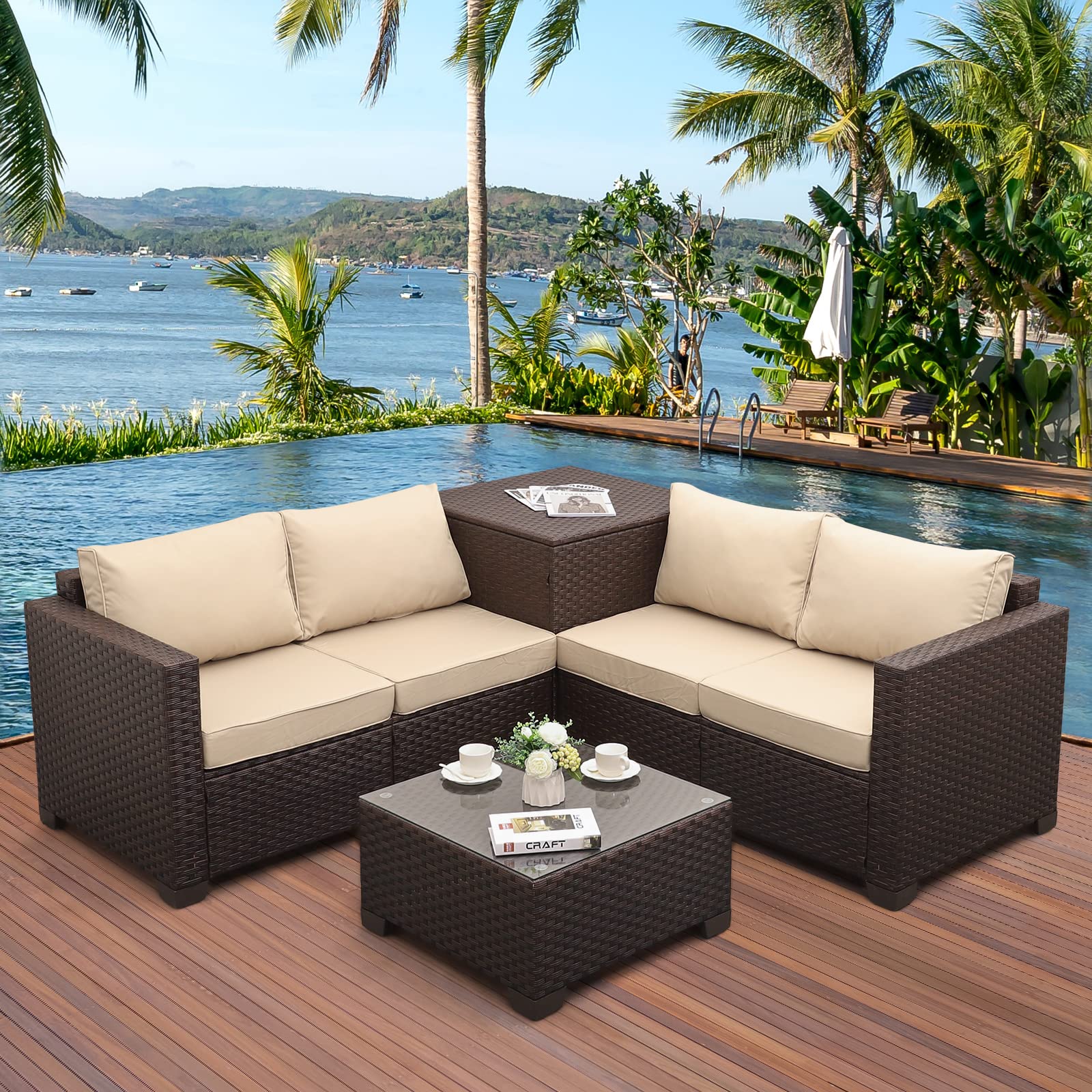 Patio PE Wicker Furniture Set 4 Pieces Outdoor Brown Rattan Clearance Sectional Conversation Sofa Chair with Storage Box Table and Red Cushions