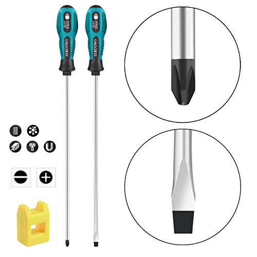 IEBUOBO 10-inch long Screwdriver Magnetic Tip Cross Head Flat Head NO.2 Screwdriver 2 Packs, With Magnetizer/Demagnetizer Tool