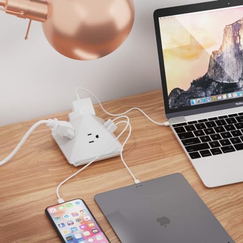 Ceptics USB Power Strip - Small & Compact - Travel Size - Grounded Dual USB + USB-C - 3 USA Outlets Input - Powerful 21W Max Total - Desk Charging Hub Station