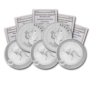 2015 - present (random year) au lot of (5) 1 oz silver kangaroo brilliant uncirculated with certificate of authenticity $1 bu