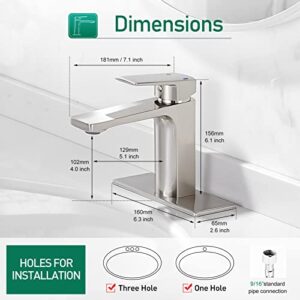 VOTON Bathroom Faucet Brushed Nickel Single Handle Bathroom Faucet 1 or 3 Hole Bathroom Sink Faucet with Deck Plate RV Bathroom Faucet 1.2 GPM