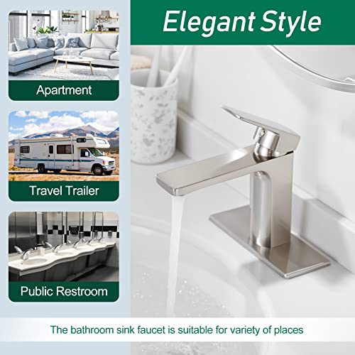 VOTON Bathroom Faucet Brushed Nickel Single Handle Bathroom Faucet 1 or 3 Hole Bathroom Sink Faucet with Deck Plate RV Bathroom Faucet 1.2 GPM