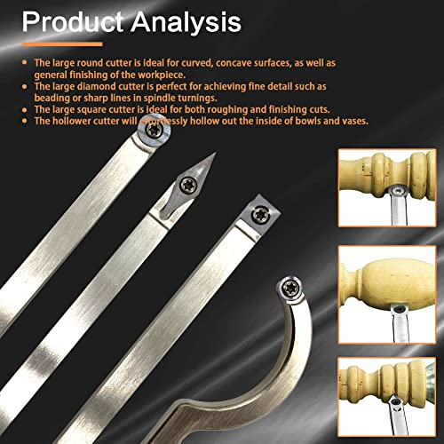 Carbide Tipped Wood Turning Tools Set, Latest Lathe Rougher Finisher Swan Neck Hollowing Tools and Interchangeable Aluminum Alloy Grip Handle with Diamond Round Square Carbide Inserts