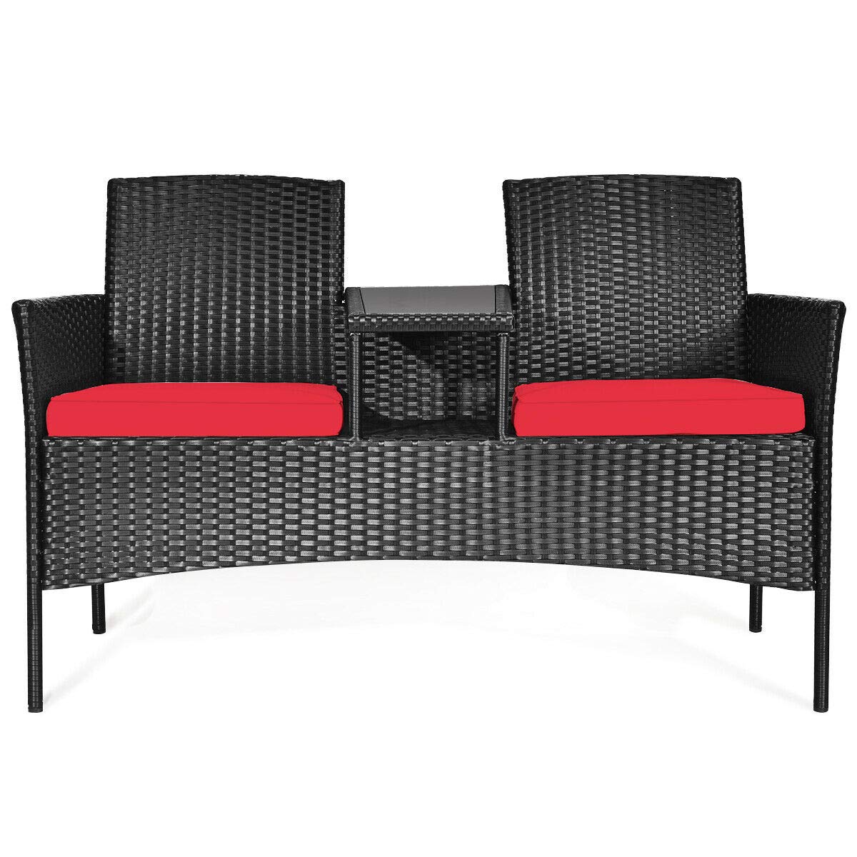 RELAX4LIFE Conversation Furniture Set with Table and Two Removable Cushions Rattan Wicker Chairs and Table Set for Patio,Garden, Baloney and Lawn Outdoor Porch Furniture Sets Loveseat (Black+Red)