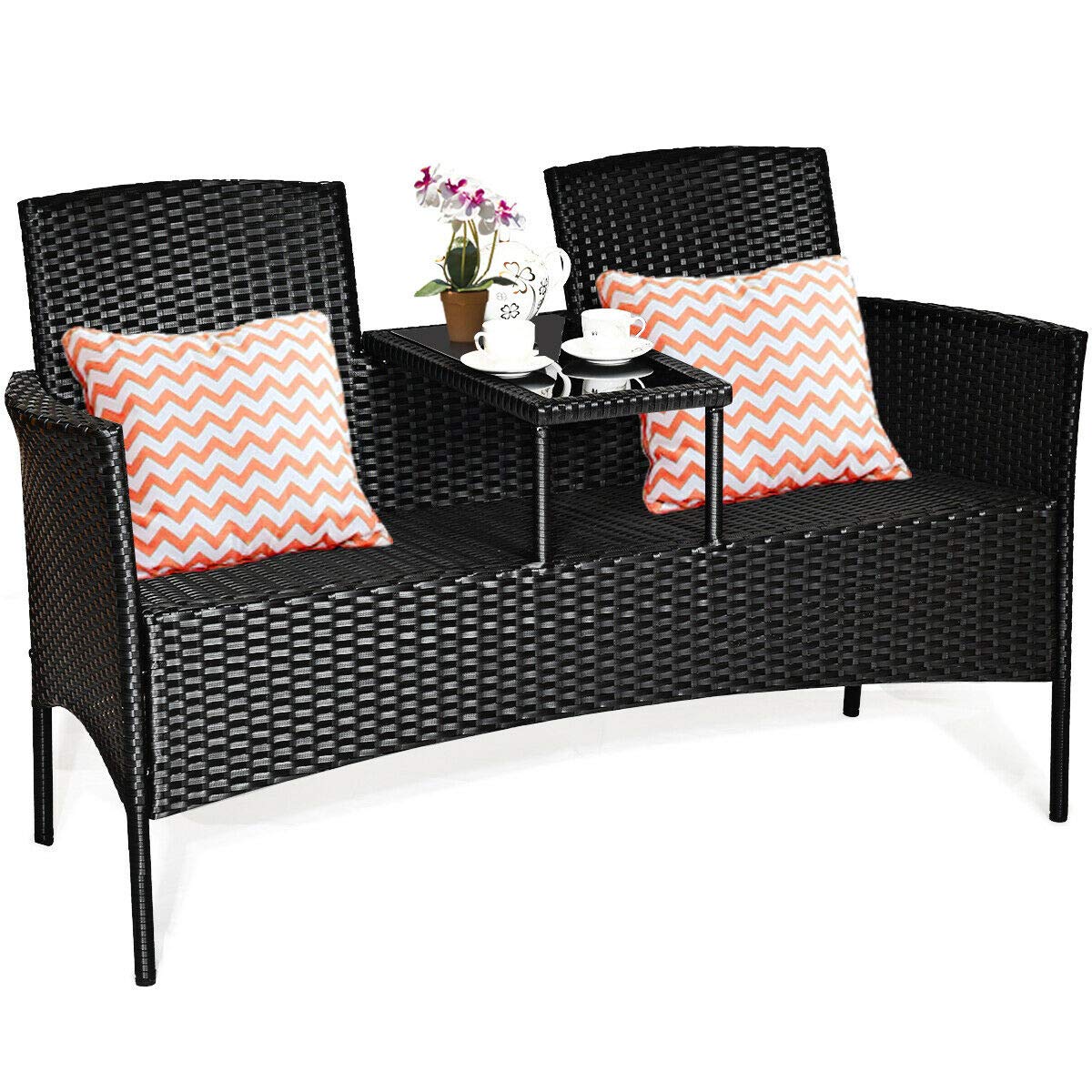 RELAX4LIFE Conversation Furniture Set with Table and Two Removable Cushions Rattan Wicker Chairs and Table Set for Patio,Garden, Baloney and Lawn Outdoor Porch Furniture Sets Loveseat (Black+Red)