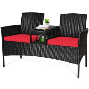 RELAX4LIFE Conversation Furniture Set with Table and Two Removable Cushions Rattan Wicker Chairs and Table Set for Patio,Garden, Baloney and Lawn Outdoor Porch Furniture Sets Loveseat (Black+Red)