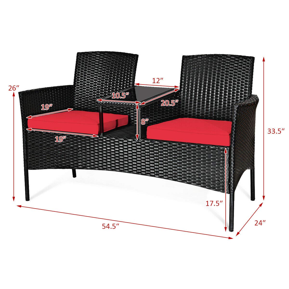 RELAX4LIFE Conversation Furniture Set with Table and Two Removable Cushions Rattan Wicker Chairs and Table Set for Patio,Garden, Baloney and Lawn Outdoor Porch Furniture Sets Loveseat (Black+Red)