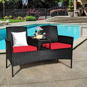 RELAX4LIFE Conversation Furniture Set with Table and Two Removable Cushions Rattan Wicker Chairs and Table Set for Patio,Garden, Baloney and Lawn Outdoor Porch Furniture Sets Loveseat (Black+Red)