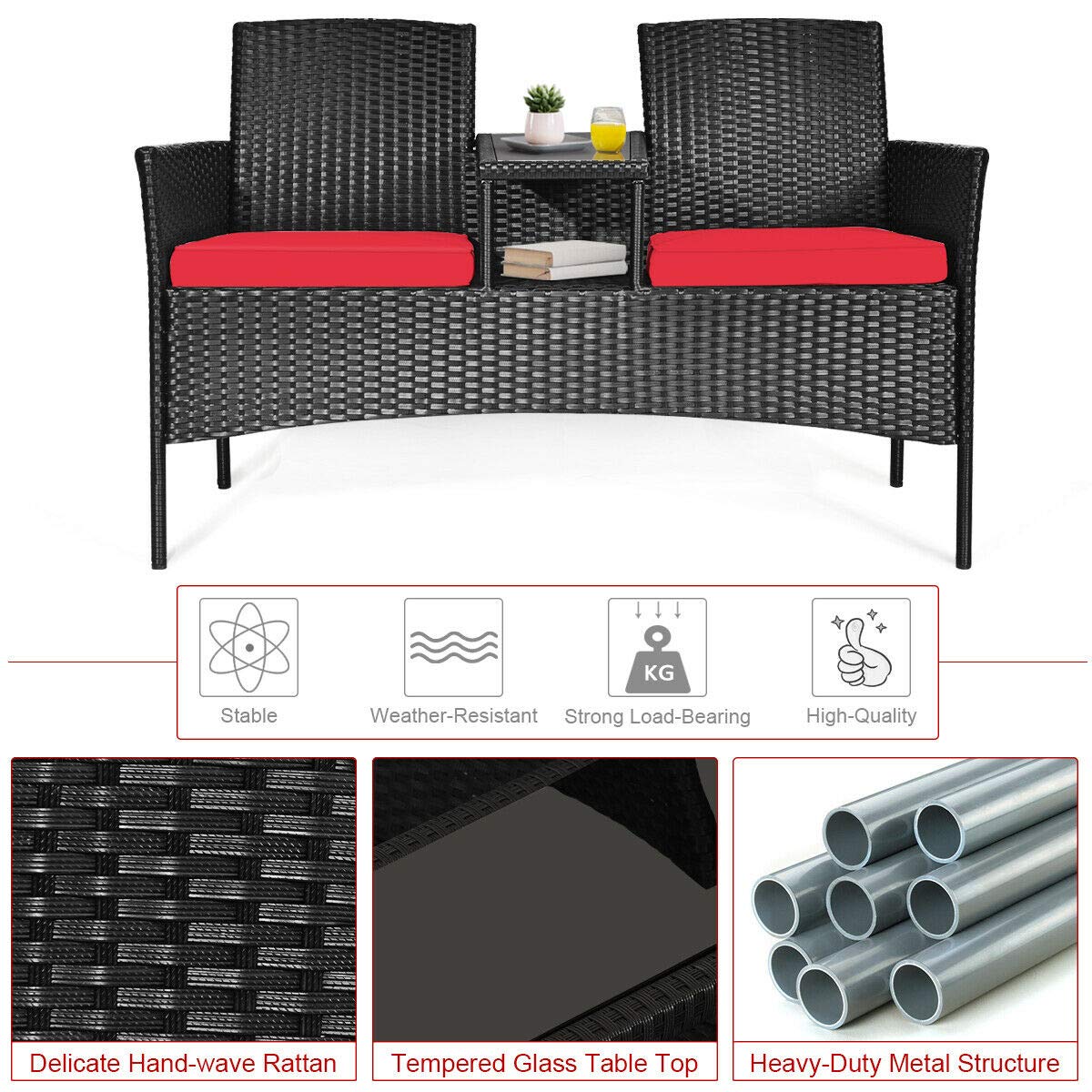 RELAX4LIFE Conversation Furniture Set with Table and Two Removable Cushions Rattan Wicker Chairs and Table Set for Patio,Garden, Baloney and Lawn Outdoor Porch Furniture Sets Loveseat (Black+Red)