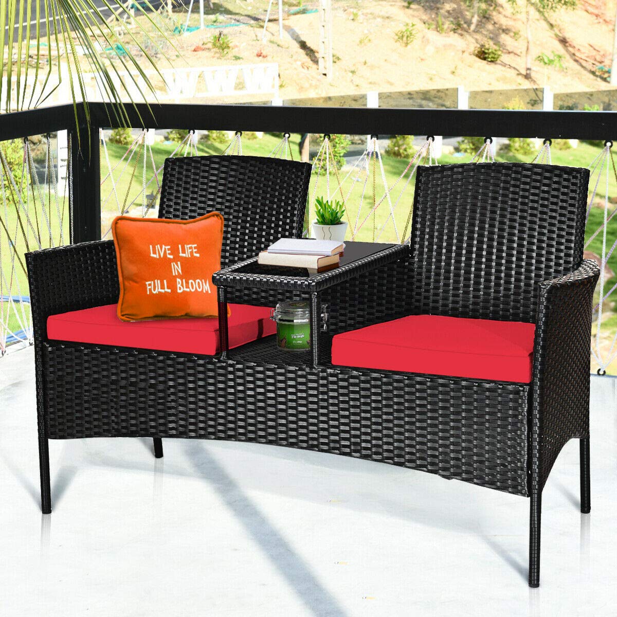 RELAX4LIFE Conversation Furniture Set with Table and Two Removable Cushions Rattan Wicker Chairs and Table Set for Patio,Garden, Baloney and Lawn Outdoor Porch Furniture Sets Loveseat (Black+Red)