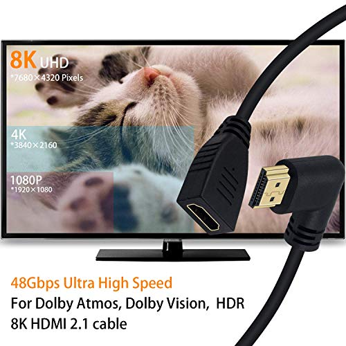 Poyiccot 8K HDMI Extension Cable, Short 8K HDMI 90 Degree Left Angle Male to Female HDMI 2.1 Cable Adapter 48Gbps with 8K 60Hz Video and 3D HDR for TV/Xbox /PS4 /PS5 (Left M/F), 0.5feet