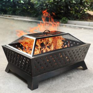 phi villa outdoor wood burning fire pits, rectangular deep bowl large patio firepit with spark screen, poker & metal grate, 34" x 26"