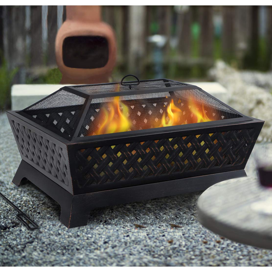 PHI VILLA Outdoor Wood Burning Fire Pits, Rectangular Deep Bowl Large Patio Firepit with Spark Screen, Poker & Metal Grate, 34" x 26"