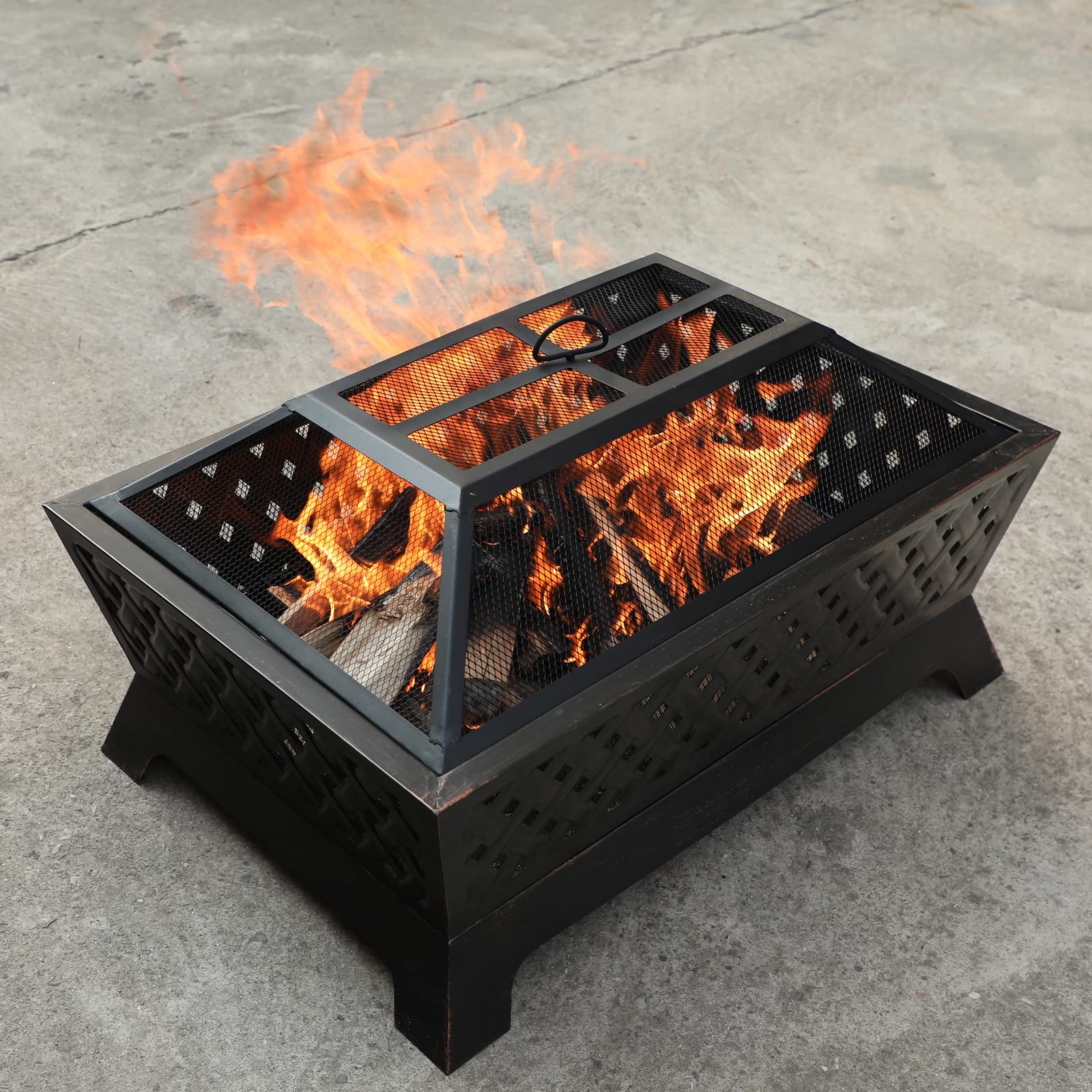 PHI VILLA Outdoor Wood Burning Fire Pits, Rectangular Deep Bowl Large Patio Firepit with Spark Screen, Poker & Metal Grate, 34" x 26"