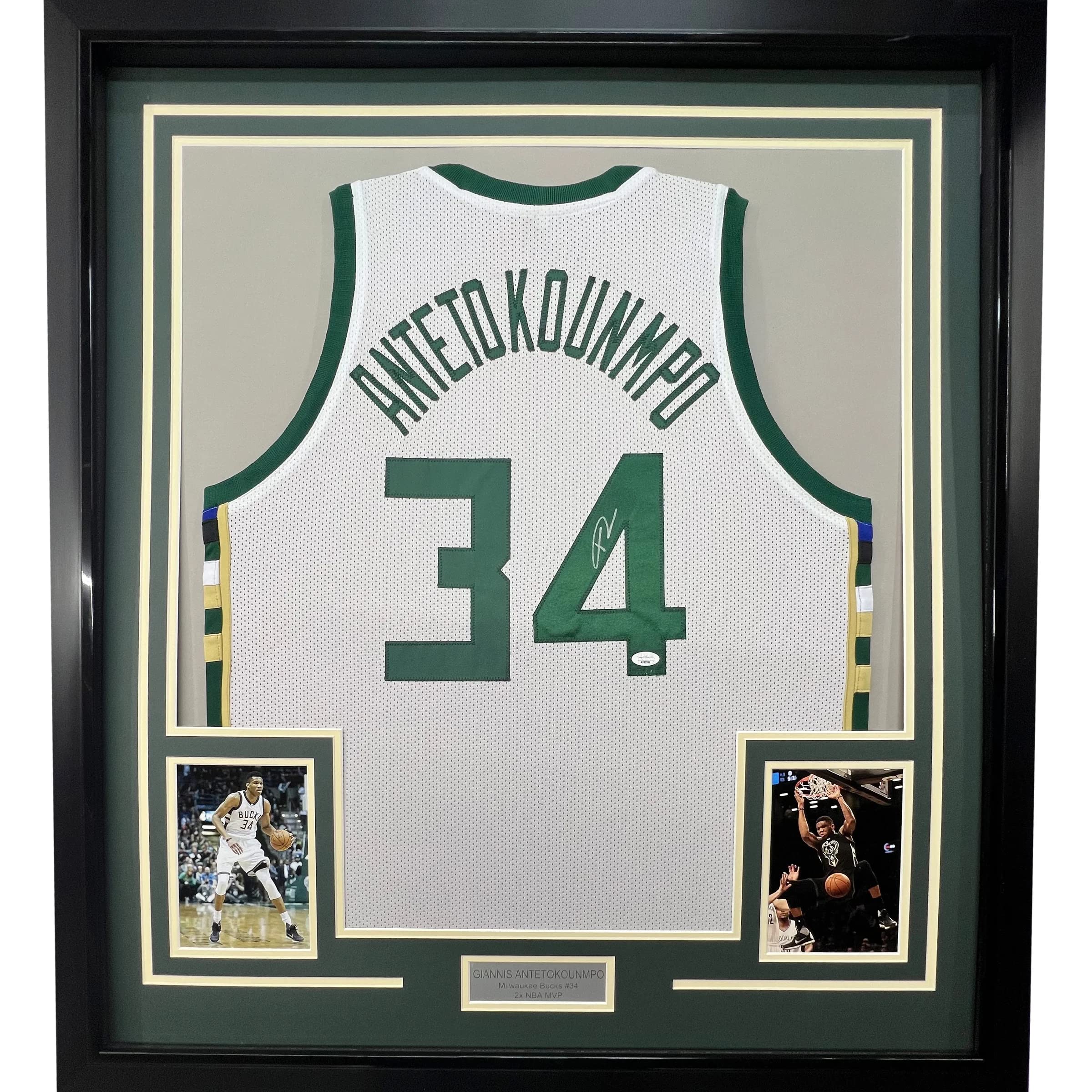Framed Autographed/Signed Giannis Antetokounmpo 33x42 Milwaukee White Basketball Jersey JSA COA
