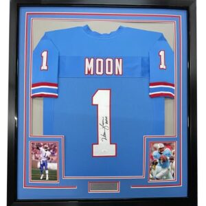 framed autographed/signed warren moon hof 06 33x42 houston blue football jersey jsa coa