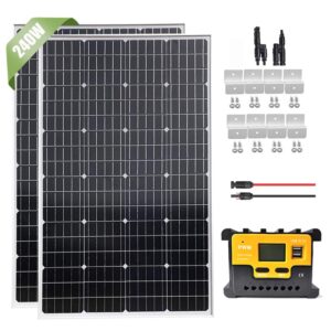 240w solar panel starter kit with 20a lcd charge controller & cable & z brackets & connector, 2pcs 120w monocrystalline solar panel 12v 24v battery charger