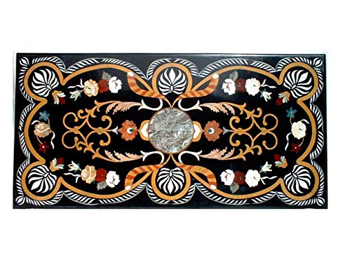 Pietra Dura Natural Black Marble 48" x 24" Inch Rectangular Dining Table Top, Stone Inlay Breakfast Table Top, Centre Table Top, Marble Outdoor Garden Table Top, Piece Of Conversation, Family HeirLoom