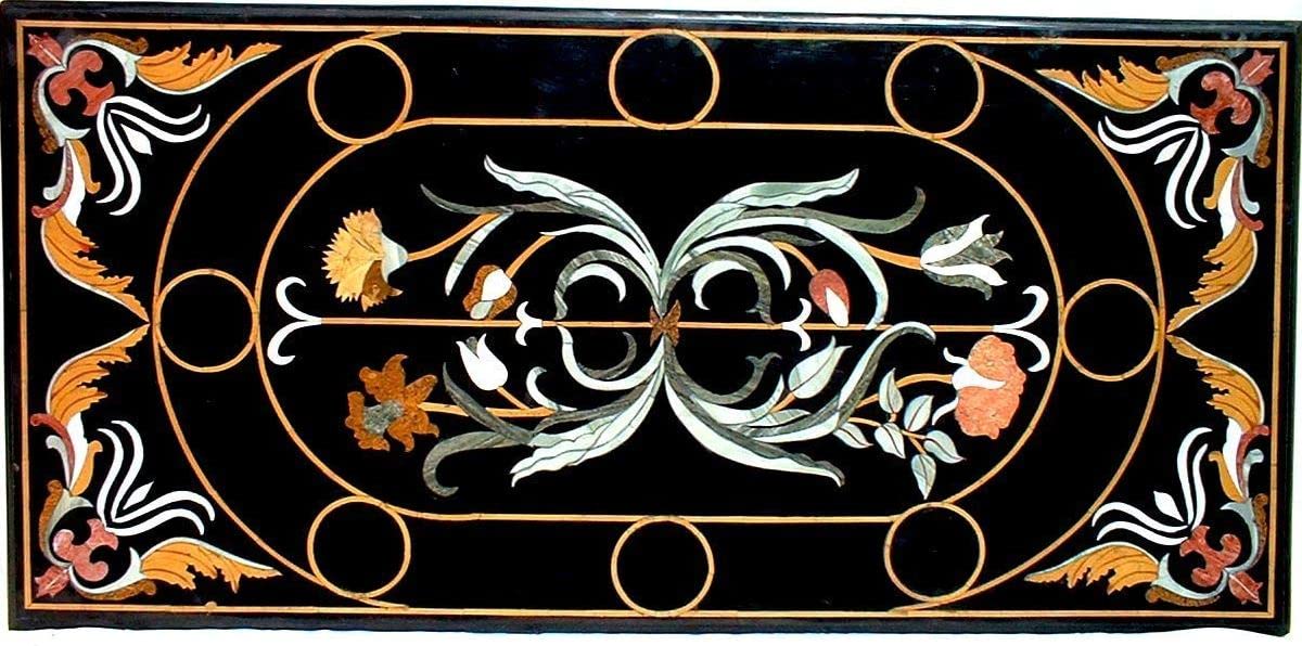 Pietra Dura Natural Black Marble 48" x 24" Inch Rectangular Dining Table Top, Stone Inlay Breakfast Table Top, Centre Table Top, Marble Outdoor Garden Table Top, Piece Of Conversation, Family HeirLoom