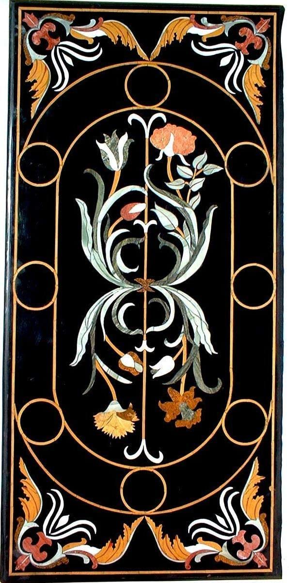 Pietra Dura Natural Black Marble 48" x 24" Inch Rectangular Dining Table Top, Stone Inlay Breakfast Table Top, Centre Table Top, Marble Outdoor Garden Table Top, Piece Of Conversation, Family HeirLoom