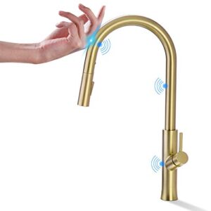 trustmi touch kitchen faucet, single handle brass kitchen sink faucets with with 2 function pull down sprayer, smart kitchen faucet touch on activated, brushed gold