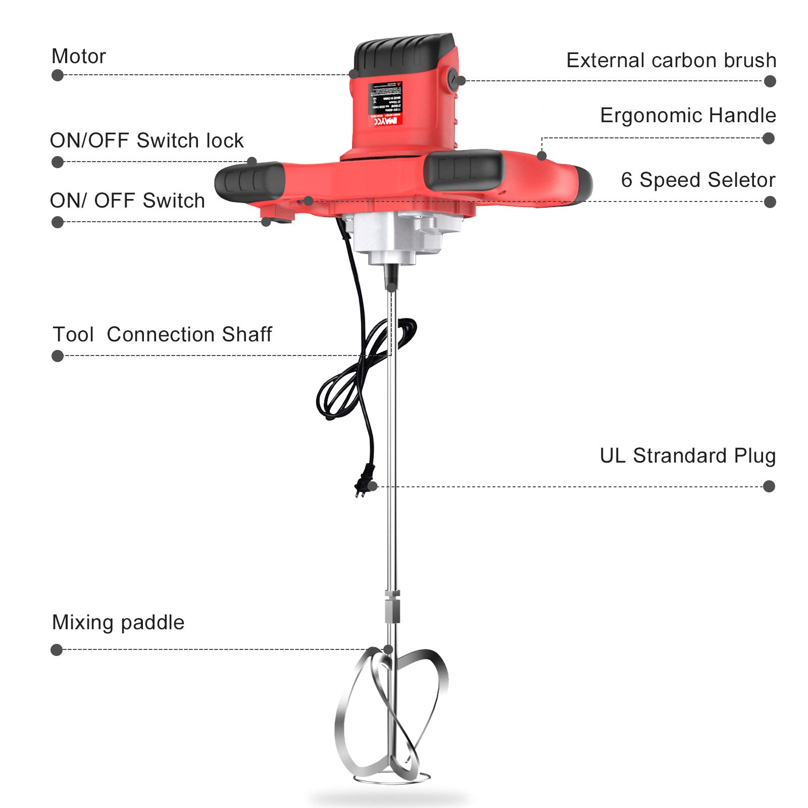 IMAYCC Cement Mixer, 2100W Electric Concrete Mixer with 6 Speed, 110V Handheld Mud Mixer for Motar,Paint, Grout, Plaster, Thinset,Fodder Stirring Tool