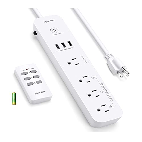 Syantek Remote Control Power Strip with 3 USB Ports, 3 RF Controlled Outlets, 5 FT/1.5 Meter Long Extension Cord, White Power Strip, 10A/1250W for Household and Workstation Appliances