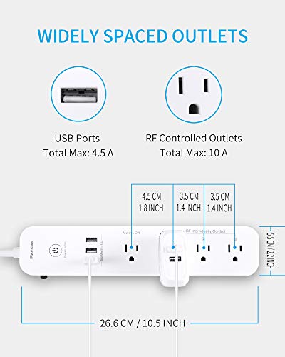 Syantek Remote Control Power Strip with 3 USB Ports, 3 RF Controlled Outlets, 5 FT/1.5 Meter Long Extension Cord, White Power Strip, 10A/1250W for Household and Workstation Appliances