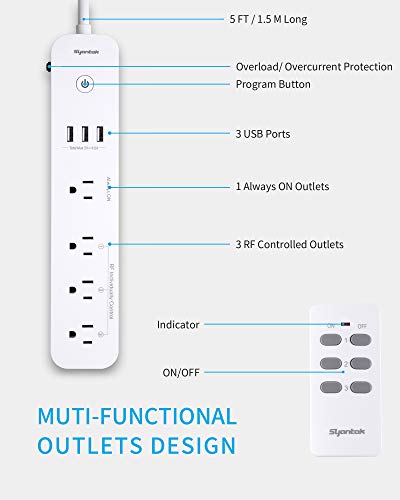 Syantek Remote Control Power Strip with 3 USB Ports, 3 RF Controlled Outlets, 5 FT/1.5 Meter Long Extension Cord, White Power Strip, 10A/1250W for Household and Workstation Appliances