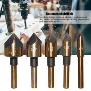 CALIDAKA 5 Pieces Countersink Drill Bit Set,High Speed Steel 82 Degree 5 Flute in Sizes 1/4, 3/8, 1/2, 5/8, 3/4 Inch Counter Sink Drill Bits with Carrying Case