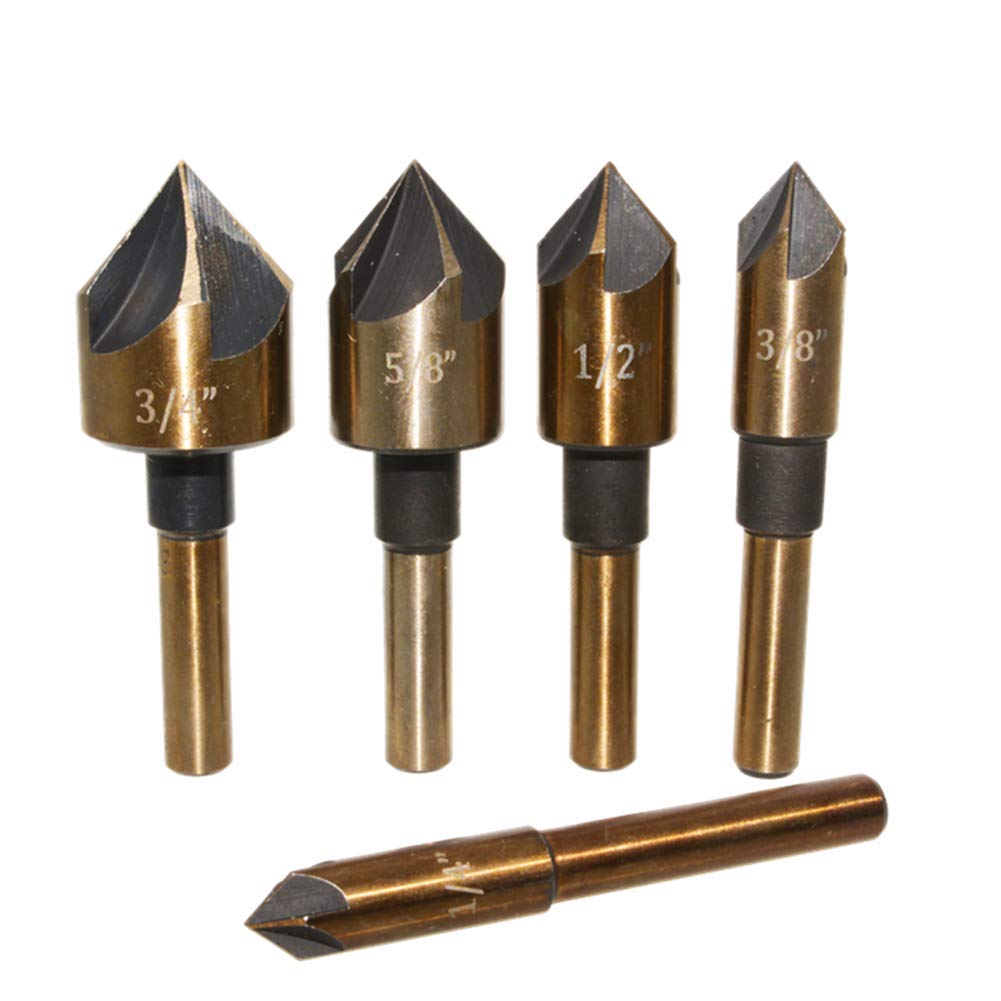 CALIDAKA 5 Pieces Countersink Drill Bit Set,High Speed Steel 82 Degree 5 Flute in Sizes 1/4, 3/8, 1/2, 5/8, 3/4 Inch Counter Sink Drill Bits with Carrying Case