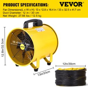 VEVOR Utility Blower Fan, 12inch Portable Ventilator 3900m³/h 1900rpm 2800rpm High Velocity Two-Speed Cylinder Fan 520W Utility Blower with 5m Duct Hose, 110V