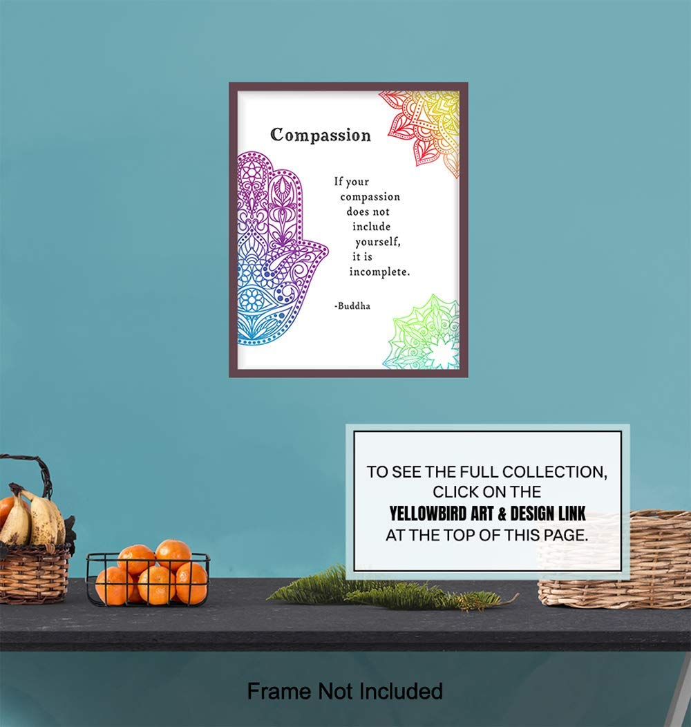 Compassion Buddha Quote - Inspirational Zen Wall Art Decor - 8x10 Buddhism Poster Print for Spa Decoration, Yoga, Meditation Room - Namaste Buddhist Gift - Hamsa Hand of Fatima, Mandala, Lotus, Om