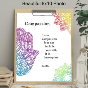 Compassion Buddha Quote - Inspirational Zen Wall Art Decor - 8x10 Buddhism Poster Print for Spa Decoration, Yoga, Meditation Room - Namaste Buddhist Gift - Hamsa Hand of Fatima, Mandala, Lotus, Om