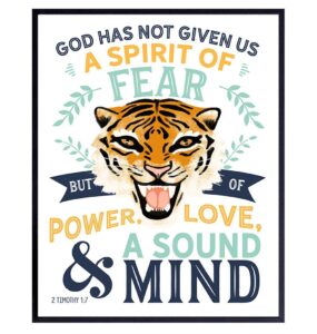 motivational inspirational quote religious bible verse wall art - christian scripture tiger wall decor for home, sunday school, kids, boys bedroom, living room, church - jungle animal catholic gifts