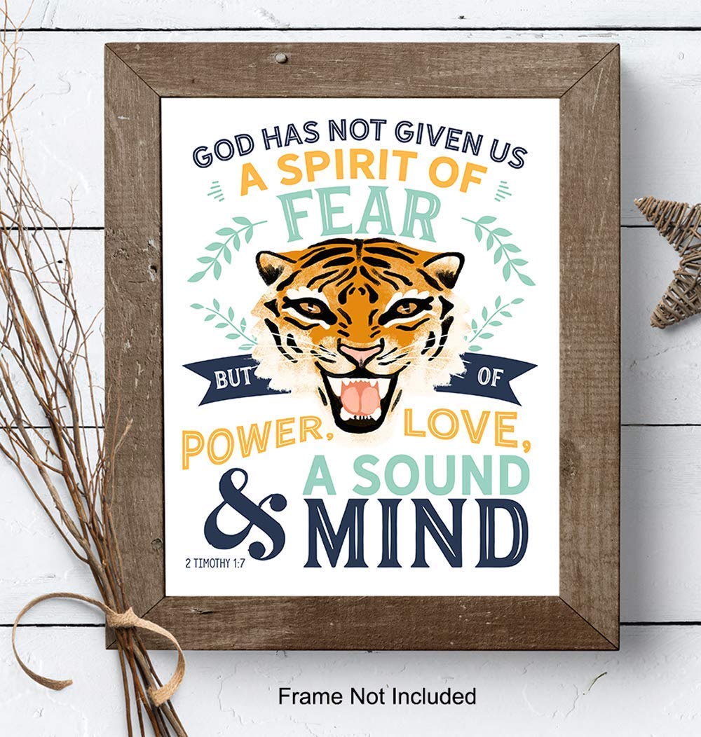 Motivational Inspirational Quote Religious Bible Verse Wall Art - Christian Scripture Tiger Wall Decor for Home, Sunday School, Kids, Boys Bedroom, Living Room, Church - Jungle Animal Catholic Gifts