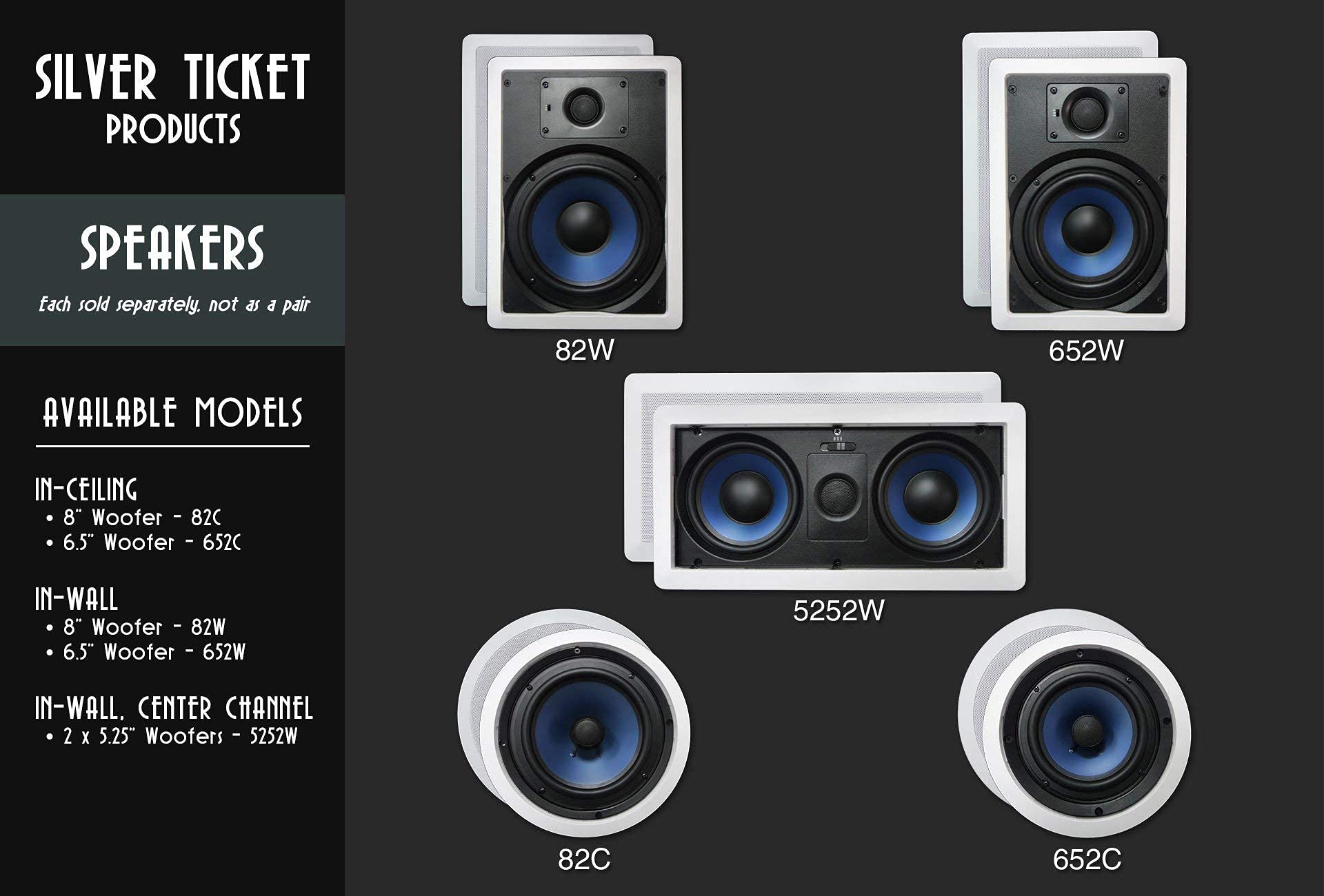 Silver Ticket Products 1 x Center, 1 x Left & 1 x Right in-Walls and 2 x in-Ceiling Surround Sound 5.1 Speaker Home Theater Bundle Package