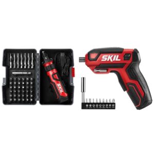 skil rechargeable 4v cordless screwdriver bundle with circuit sensor technology, usb charging cable, carrying case, and bit set