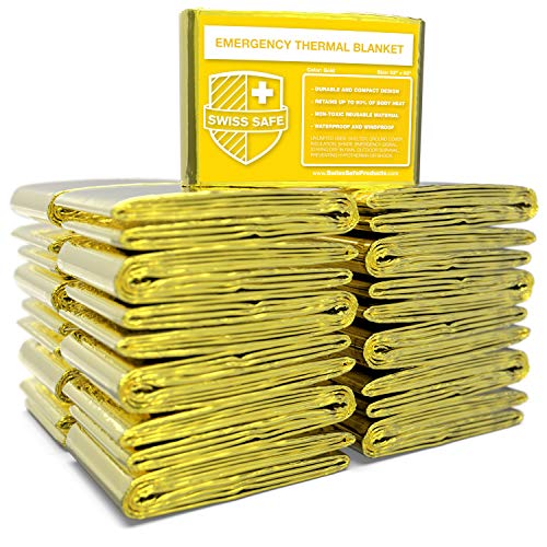 Swiss Safe Emergency Mylar Thermal Blankets + Bonus Gold Foil Space Blanket. Designed for NASA, Outdoors, Survival, First Aid, Gold, 25 Pack