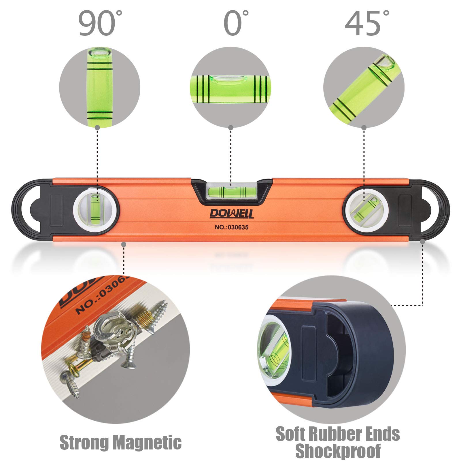 DOWELL Magnetic Level Torpedo Level 11" Box Spirit Bubble Level Shockproof Top Vial Alloy Frame 180 90 45 Degree HY030636