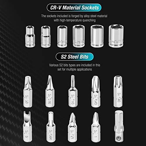 DURATECH 56-pieces 1/4" Mini Ratchet Wrench and Screwdriver Bit Set, 2 Set-in-1, 72-Tooth and 60-Tooth with Bit Socket Set, Storage Cases Included