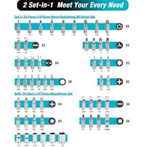 DURATECH 56-pieces 1/4" Mini Ratchet Wrench and Screwdriver Bit Set, 2 Set-in-1, 72-Tooth and 60-Tooth with Bit Socket Set, Storage Cases Included