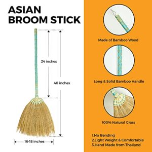 SN SKENNOVA - Asian Broom Thai Pattern Vintage Retro Natural Grass Broom Handmade (Blue)