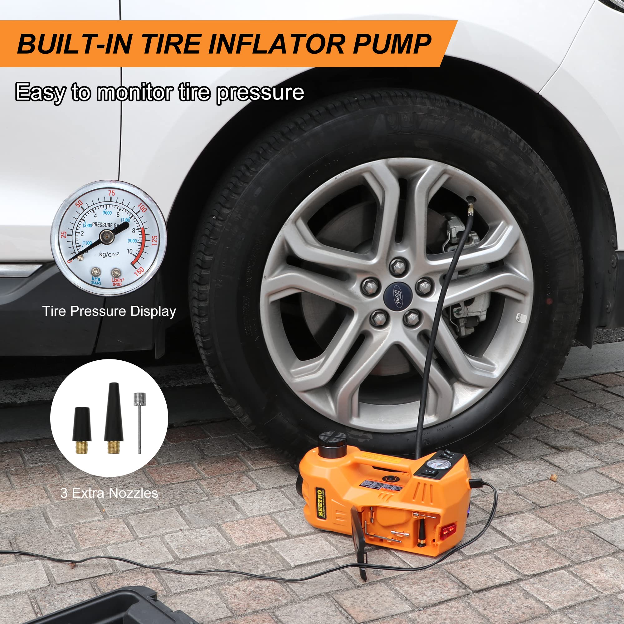 BEETRO Electric Car Jack Kit 5 Ton 12V with Electric Wrench and Tire Inflator Pump for SUV MPV Sedan Change Tires Garage Repair
