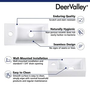 DeerValley DV-1V081L Liberty Wall Mount Sink, Rectangle Mini Vessel Sink,Small Bathroom Cloakroom White Porcelain Ceramic Wash Basin Right/Left Hand (Left Hand) (Left Hand)