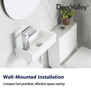 DeerValley DV-1V081L Liberty Wall Mount Sink, Rectangle Mini Vessel Sink,Small Bathroom Cloakroom White Porcelain Ceramic Wash Basin Right/Left Hand (Left Hand) (Left Hand)