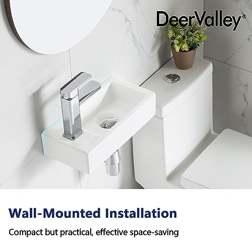 DeerValley DV-1V081L Liberty Wall Mount Sink, Rectangle Mini Vessel Sink,Small Bathroom Cloakroom White Porcelain Ceramic Wash Basin Right/Left Hand (Left Hand) (Left Hand)